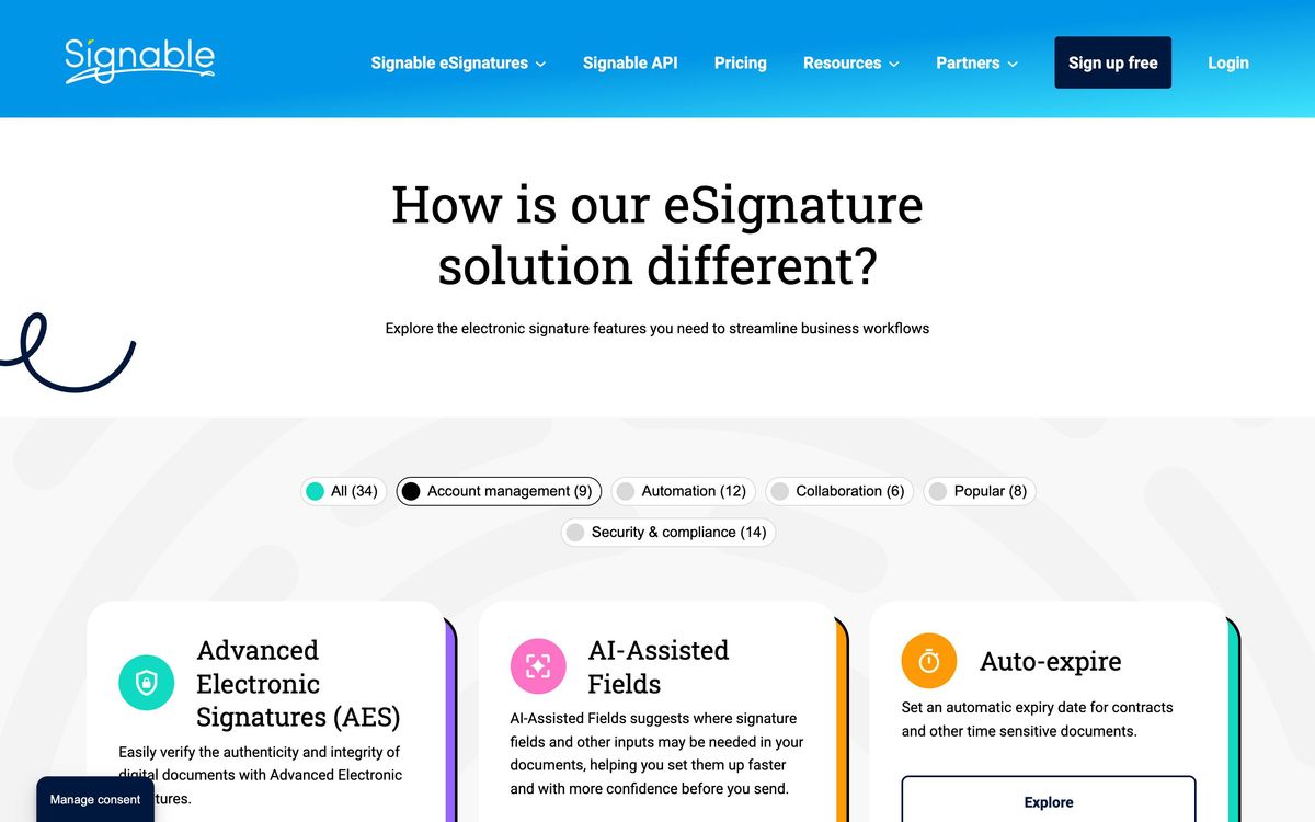 Signable, features page screenshot