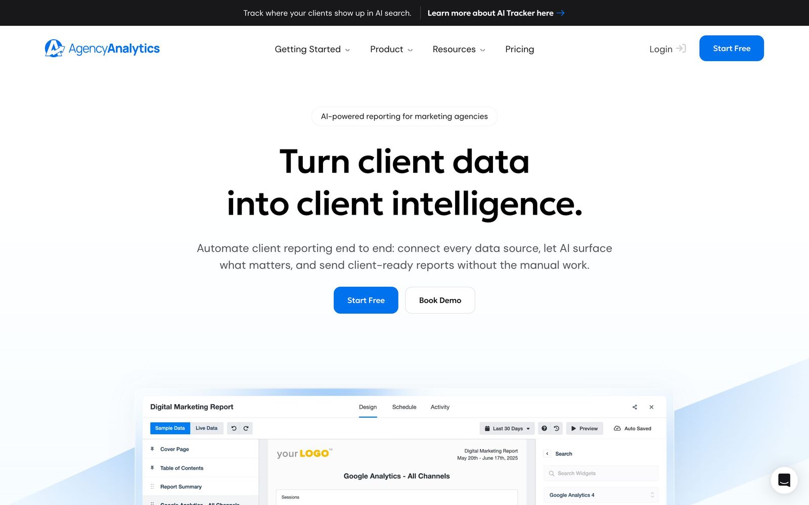 AgencyAnalytics website, homepage