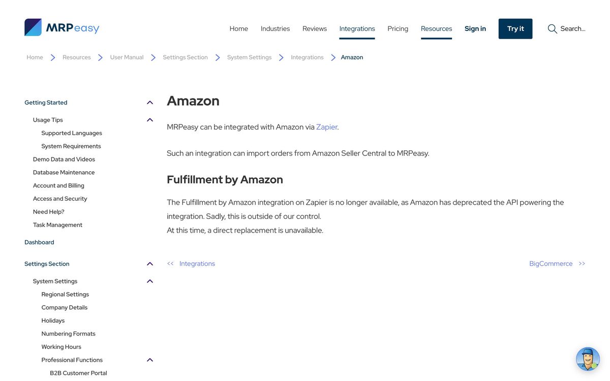 MRPeasy, integrations page screenshot