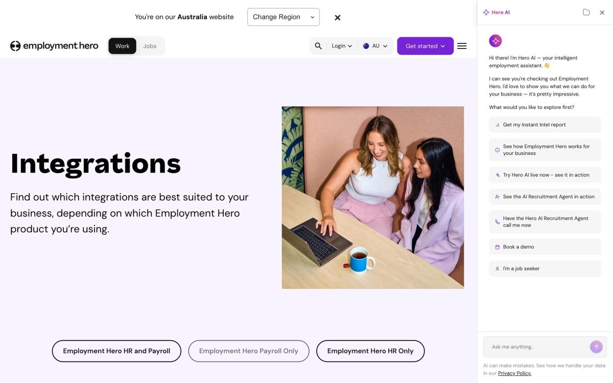 Employment Hero, integrations page screenshot
