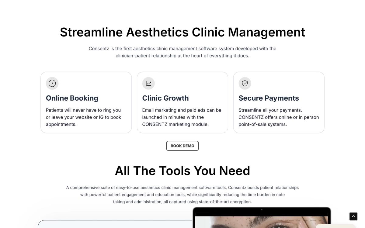 Consentz, product overview page screenshot