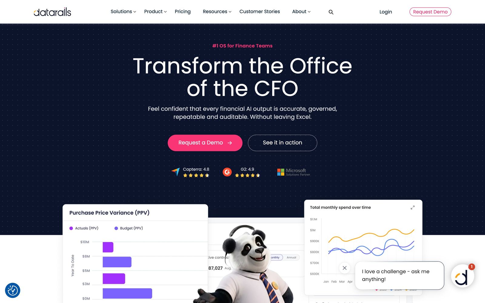 Datarails website, homepage