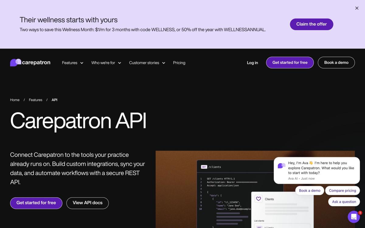 Carepatron, integrations page screenshot