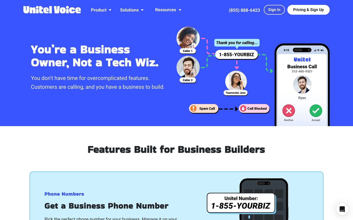 Unitel Voice, features page screenshot
