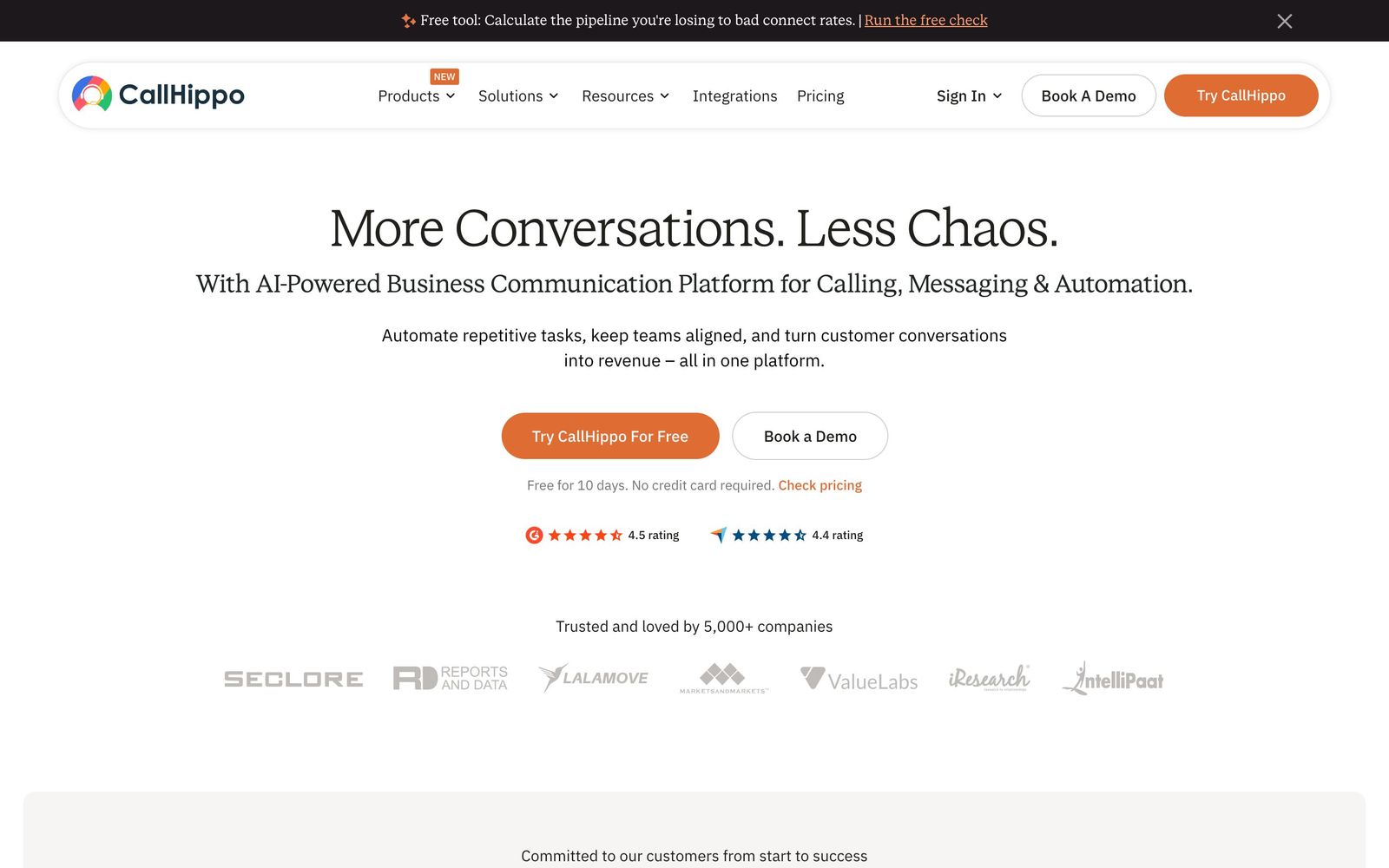 CallHippo website, homepage