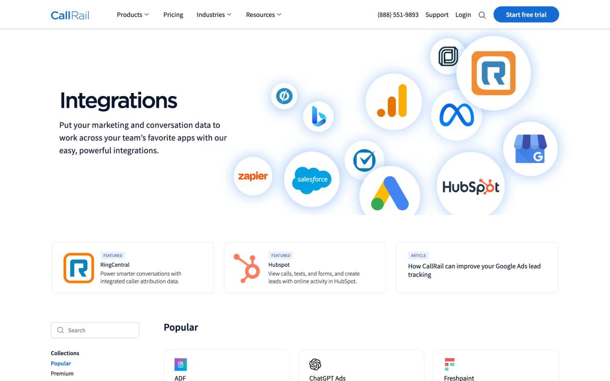 CallRail, integrations page screenshot