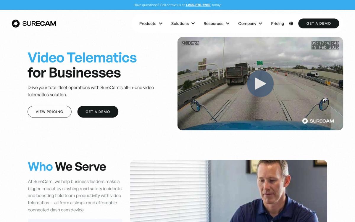 SureCam, solutions page screenshot