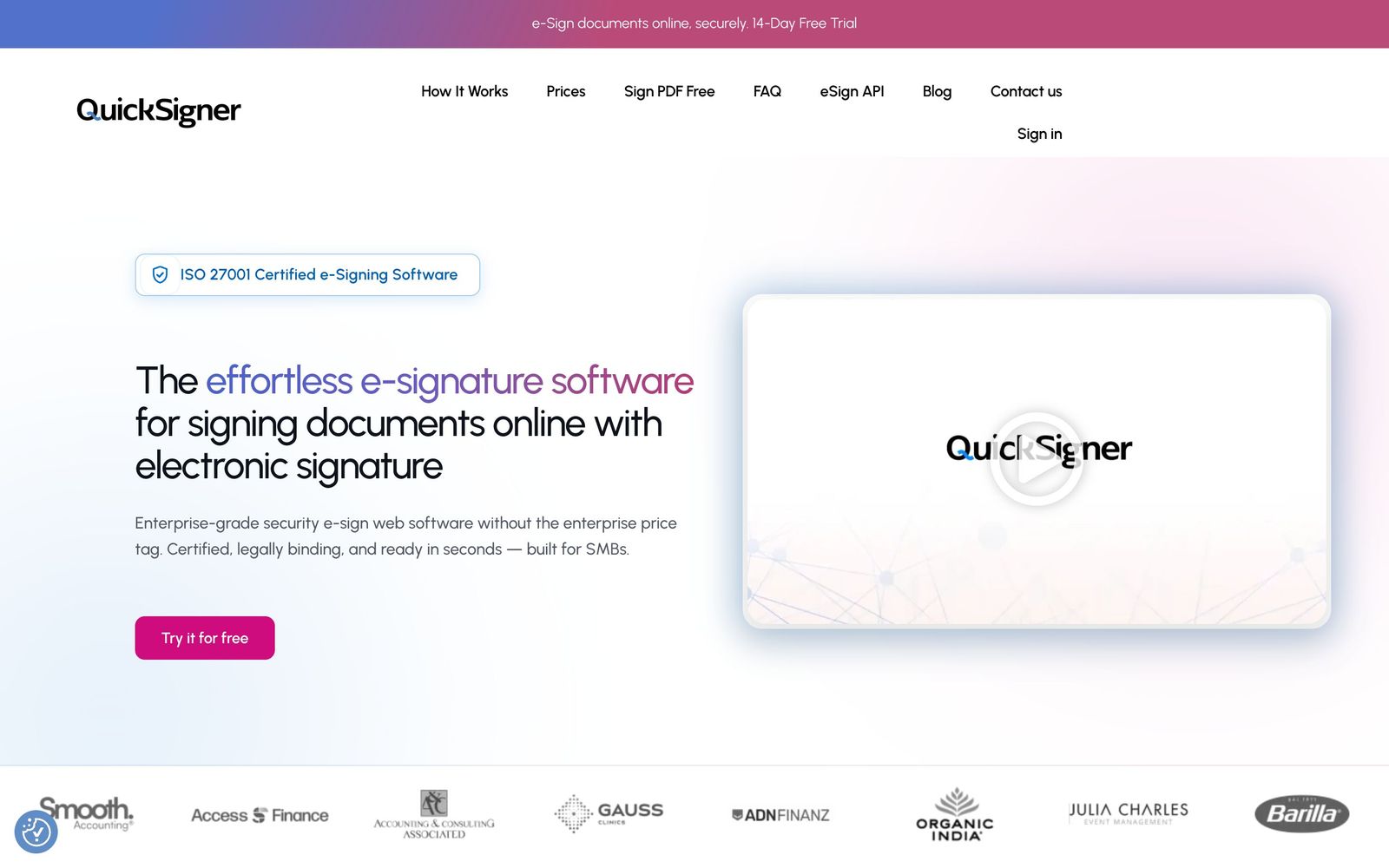 QuickSigner website, homepage