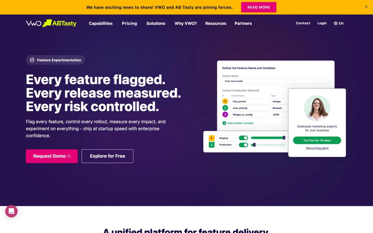 VWO, features page screenshot