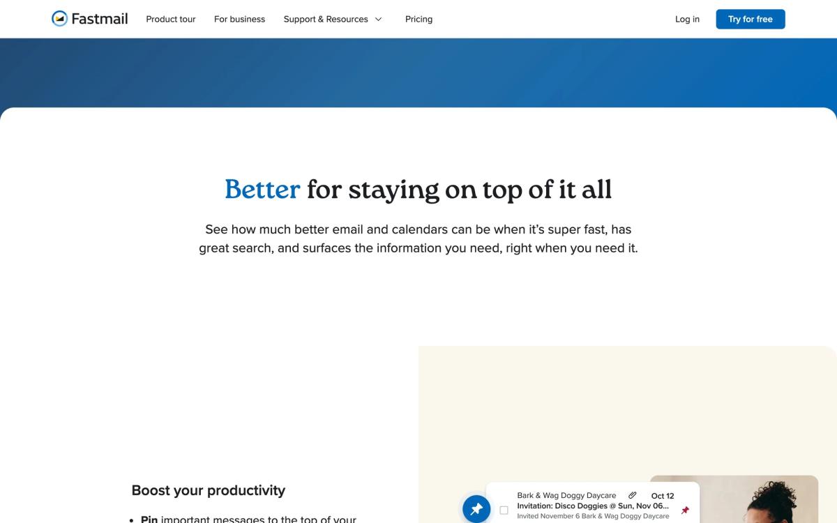 Fastmail, product overview page screenshot