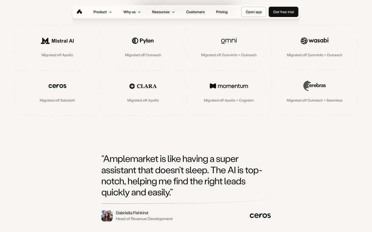 Amplemarket: product overview page screenshot