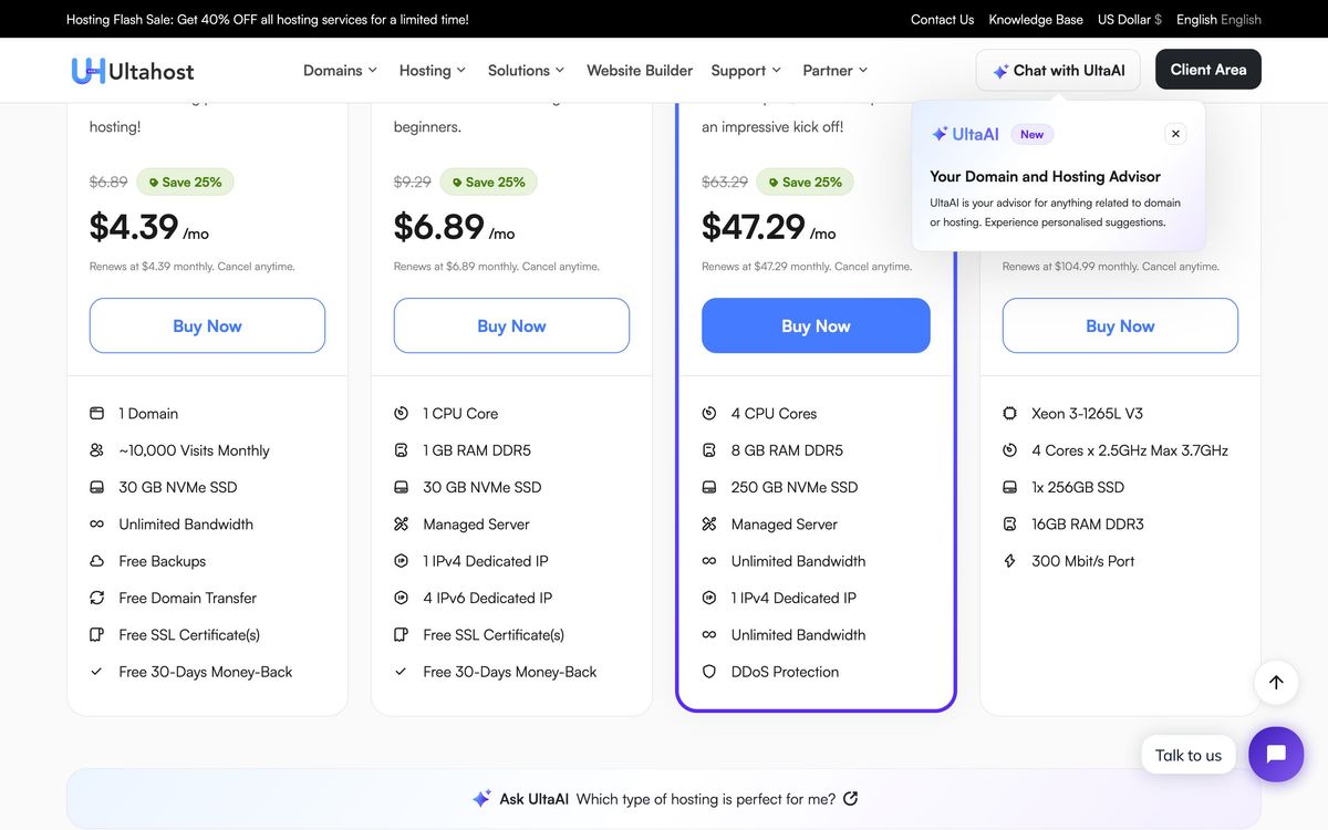 Ultahost, product overview page screenshot