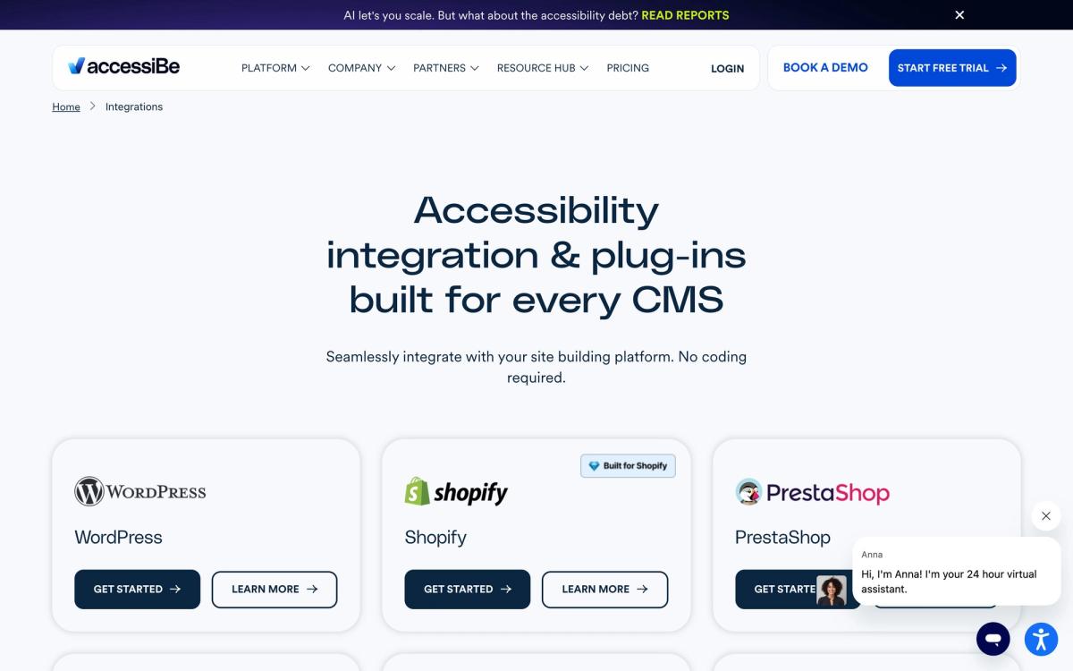 accessiBe, integrations page screenshot