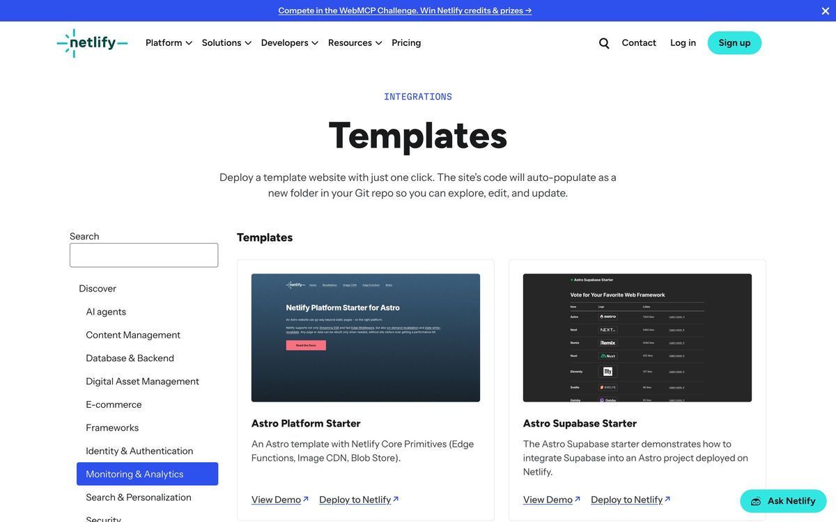 Netlify, integrations page screenshot