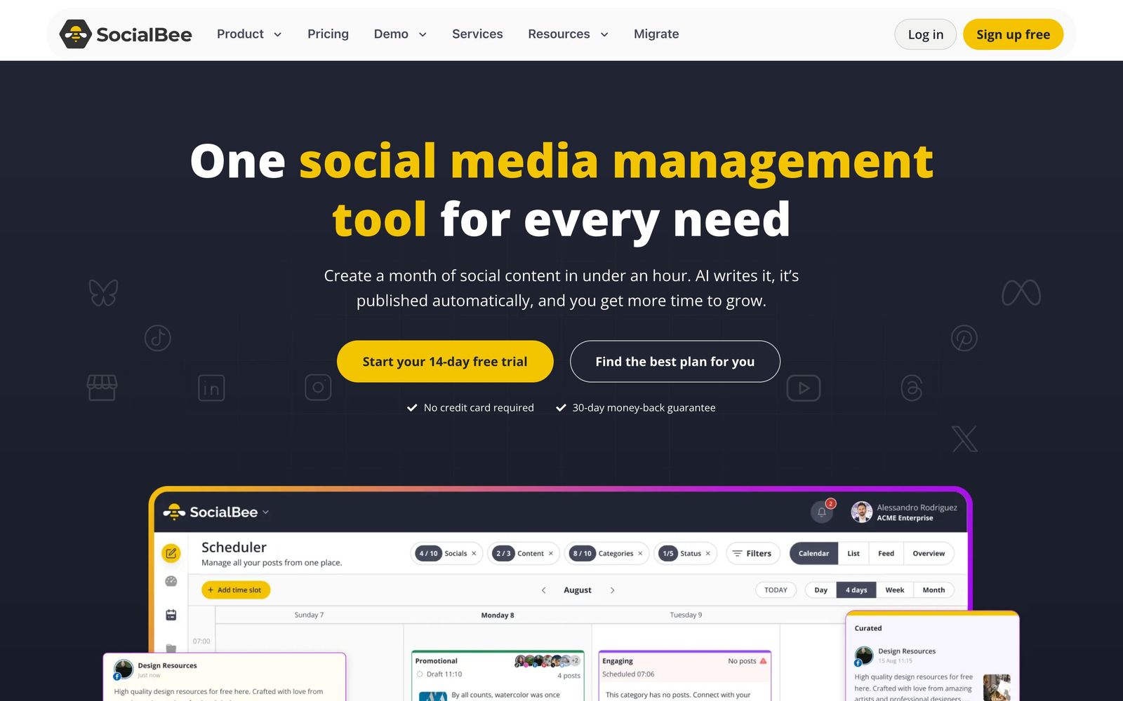 SocialBee website, homepage