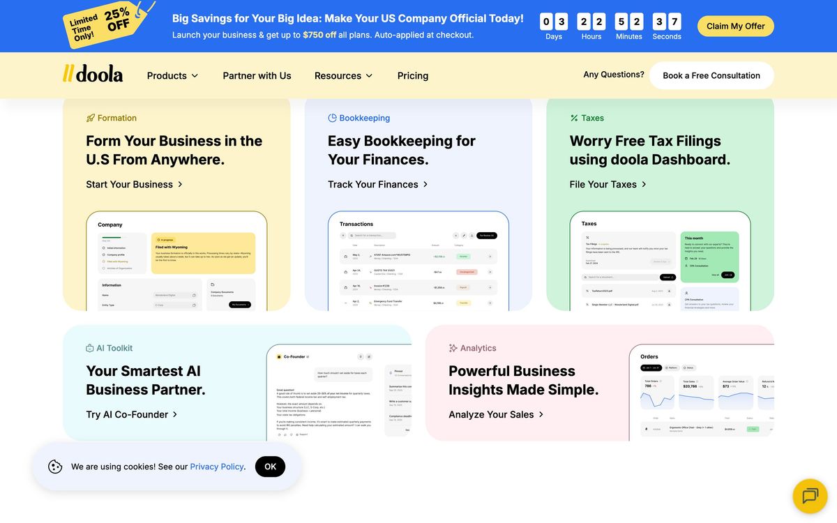 doola, product overview page screenshot