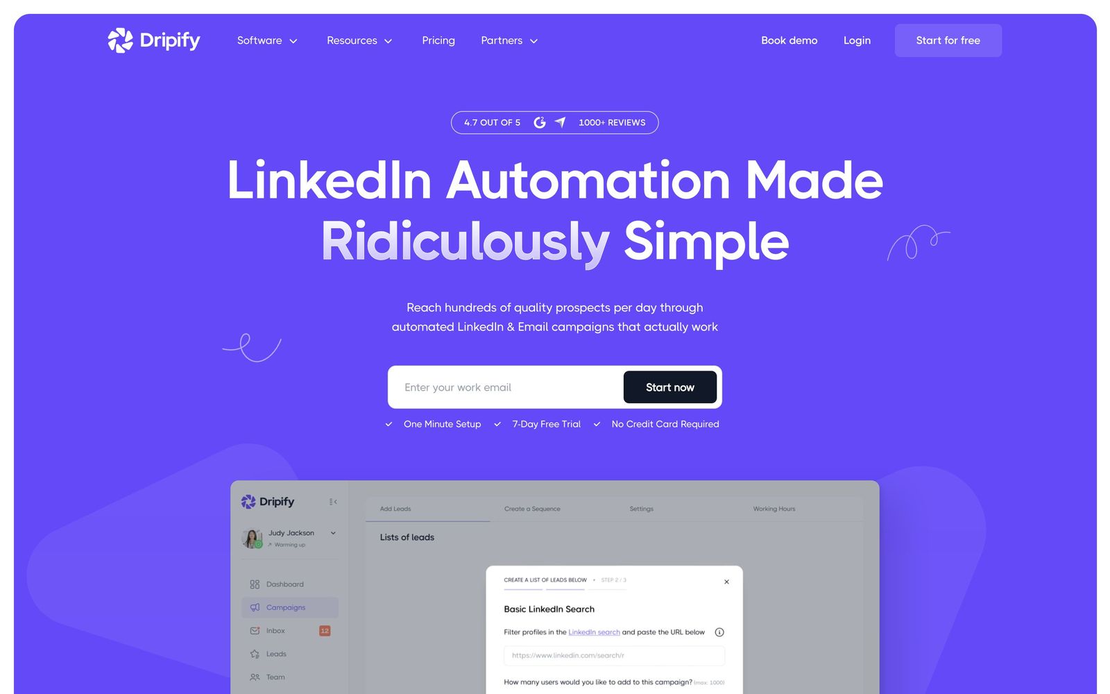 Dripify website, homepage