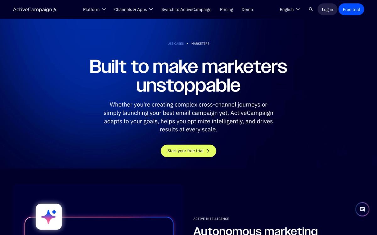 ActiveCampaign, use cases page screenshot