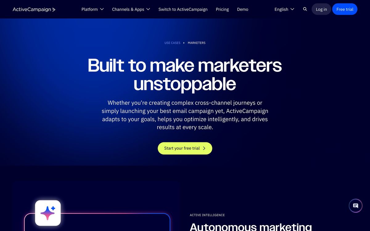 ActiveCampaign, use cases page screenshot