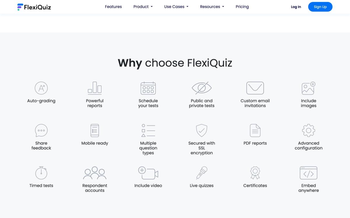 FlexiQuiz, product overview page screenshot