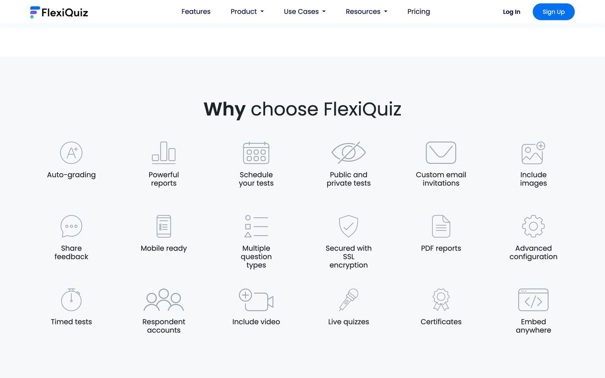 FlexiQuiz, product overview page screenshot
