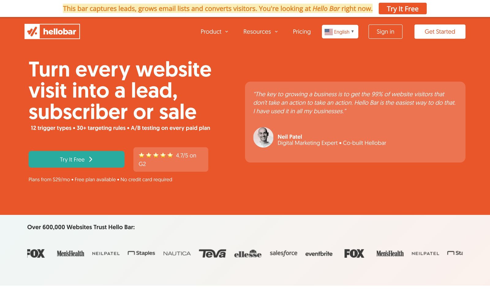 Hello Bar website, homepage