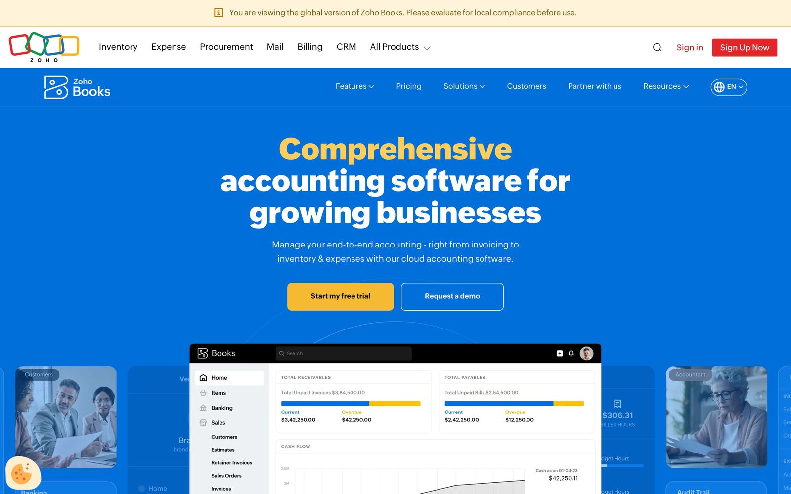 Zoho Books website: homepage