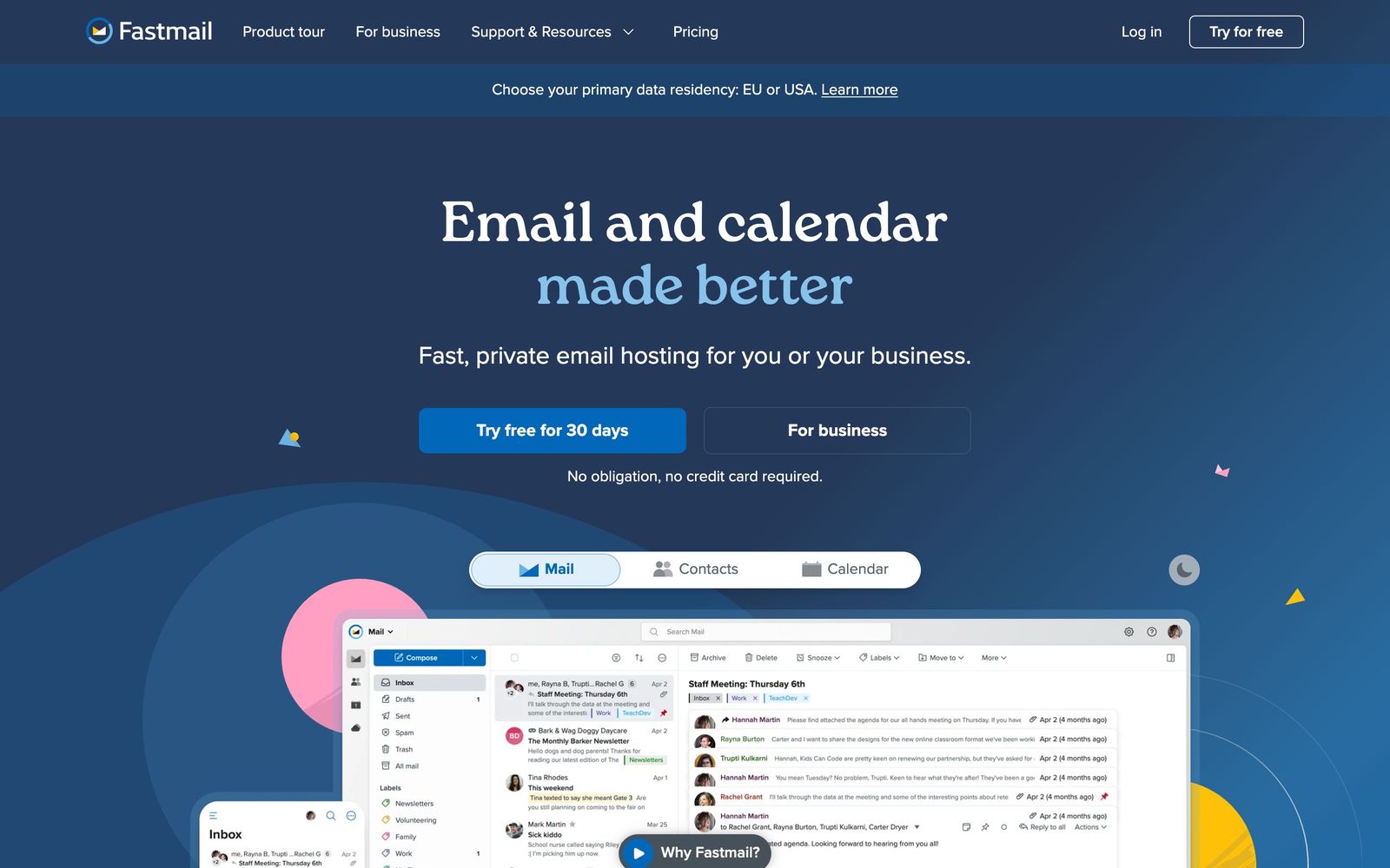 Fastmail website, homepage
