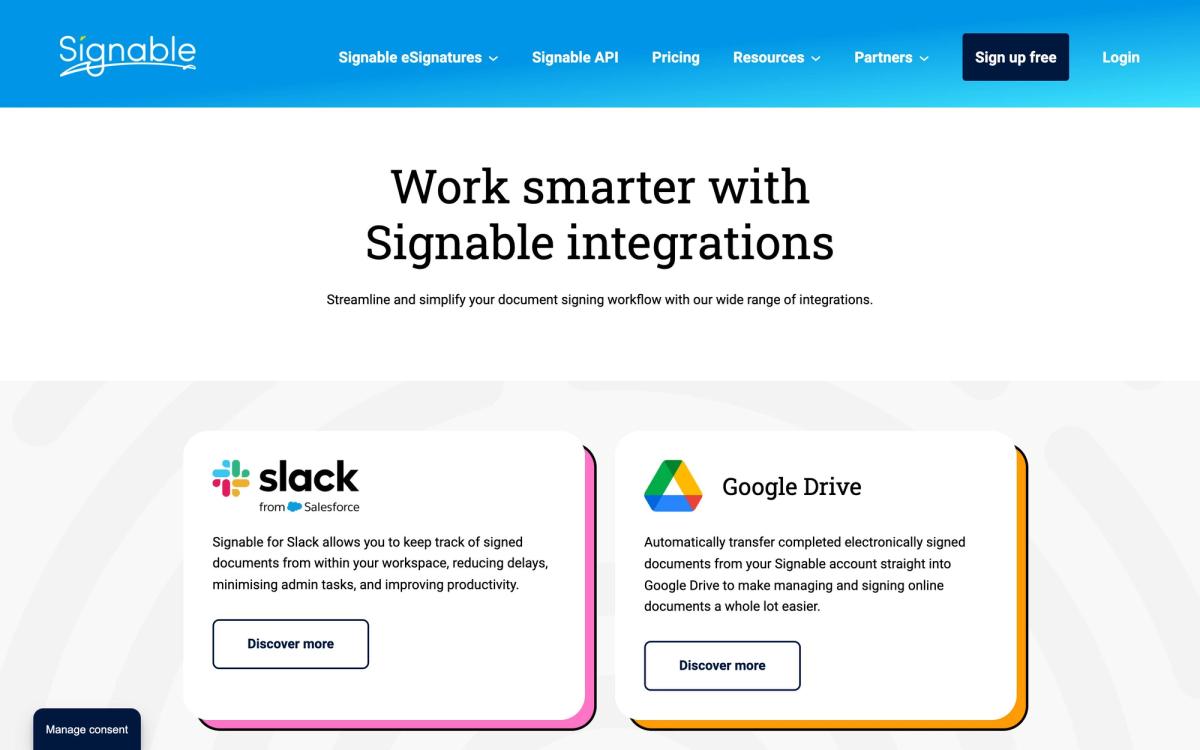 Signable, integrations page screenshot