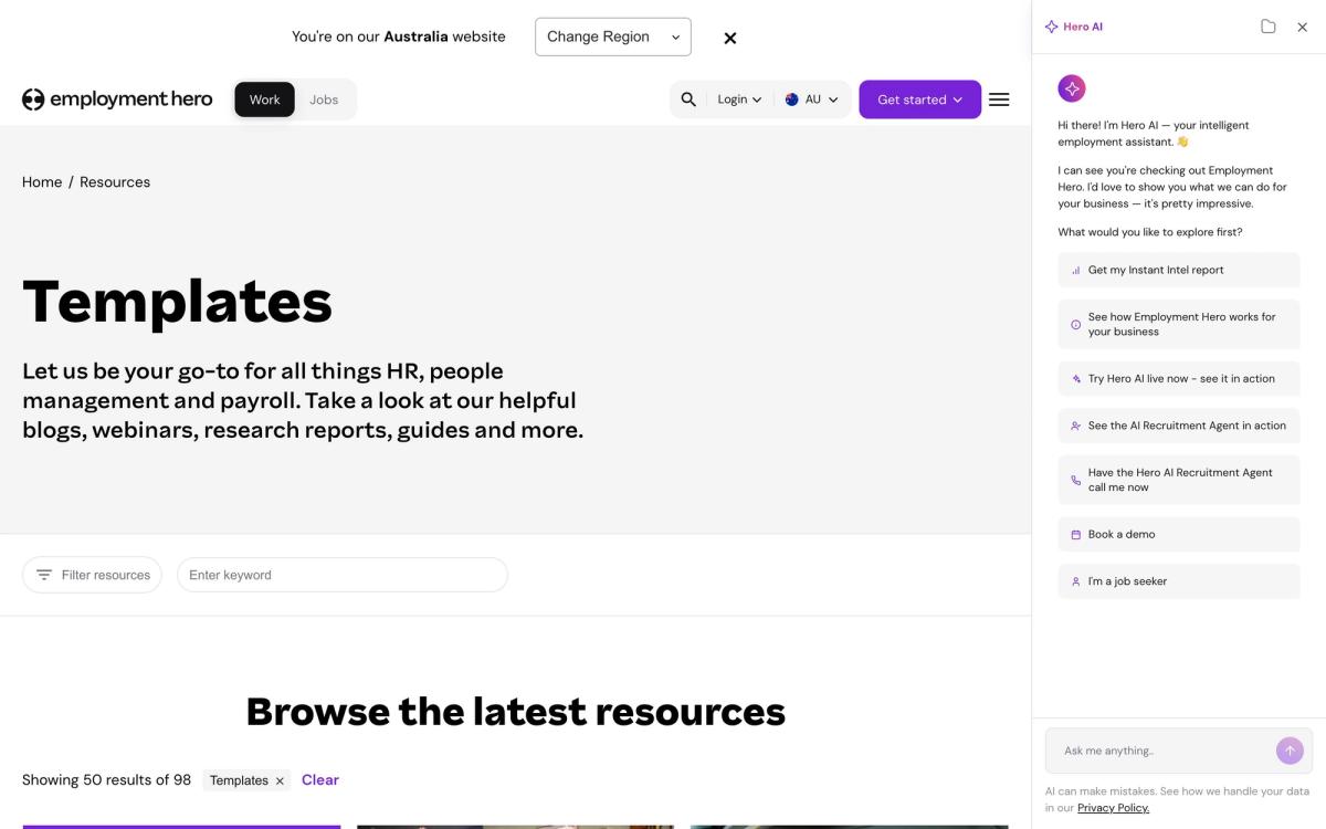 Employment Hero, templates page screenshot