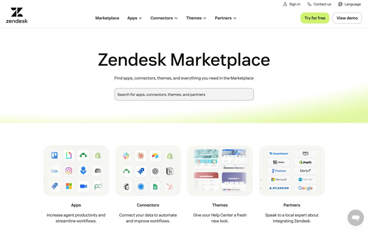 Zendesk, integrations page screenshot