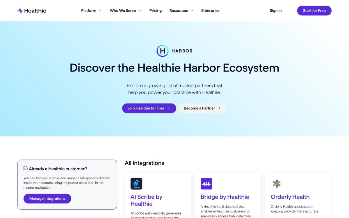 Healthie, integrations page screenshot