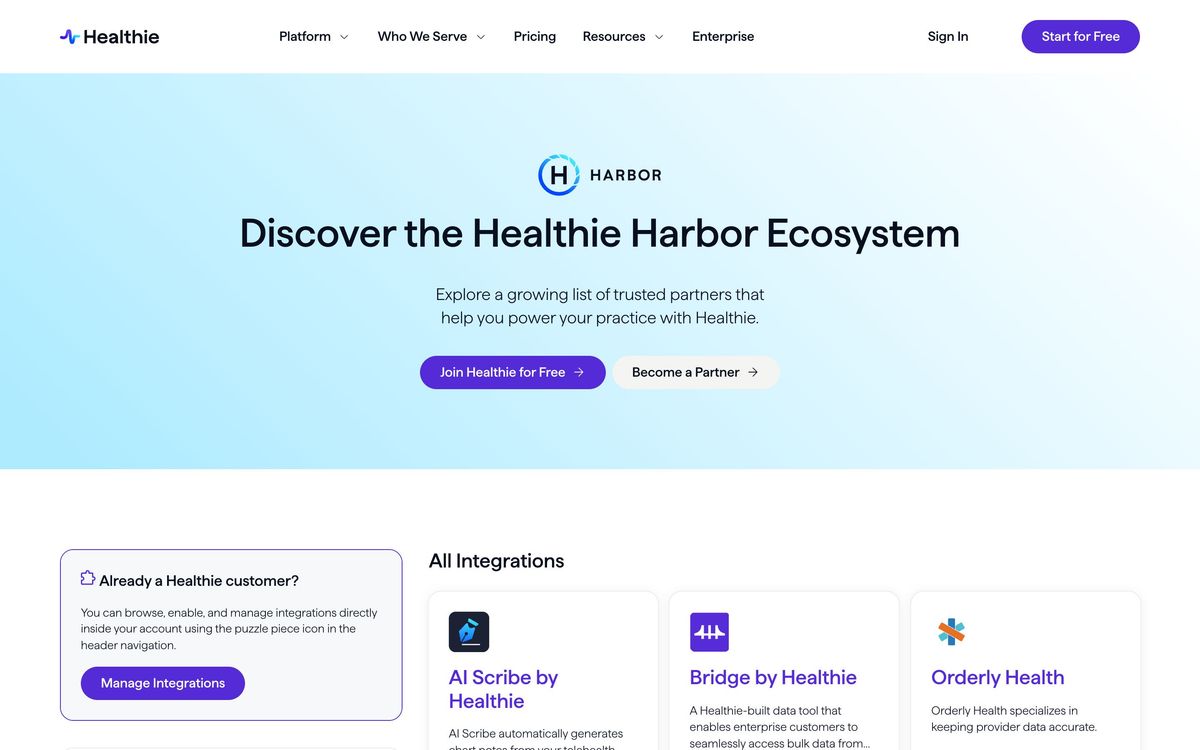 Healthie, integrations page screenshot