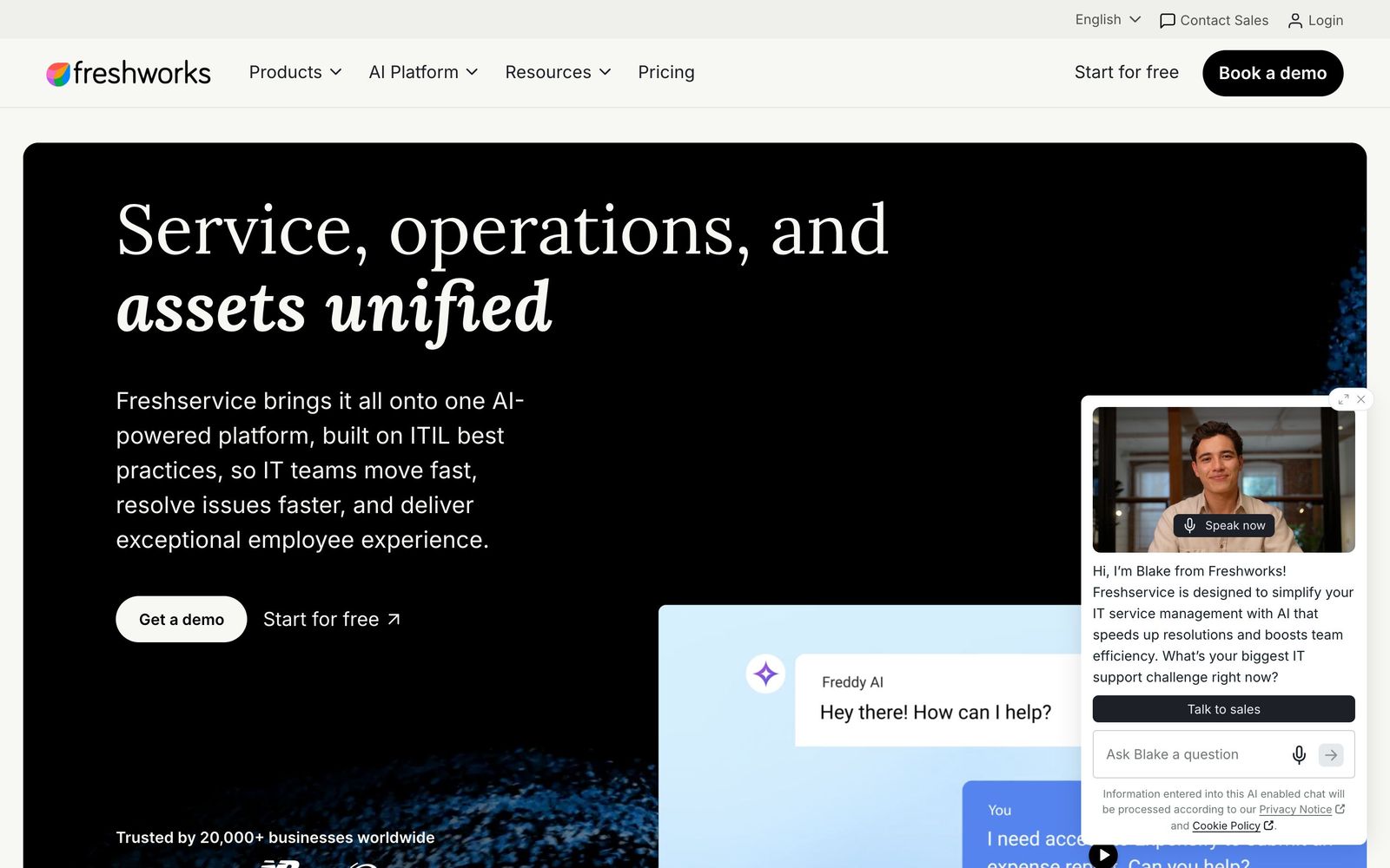 Freshservice website, homepage