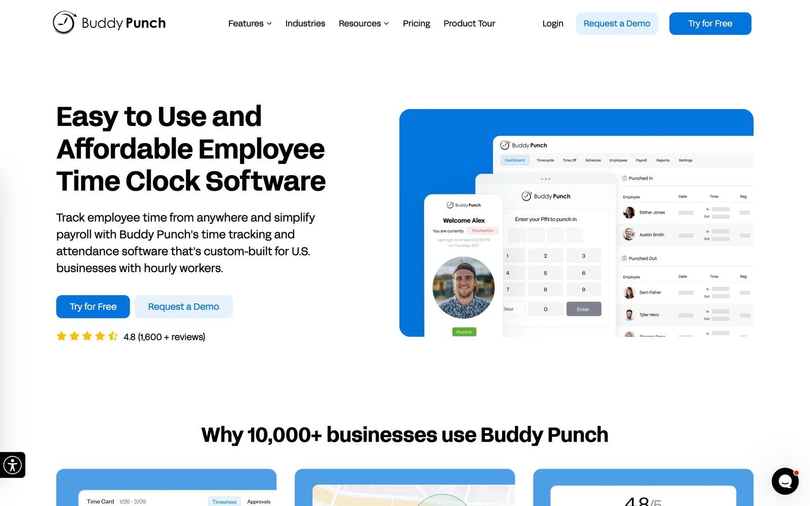 Buddy Punch website, homepage