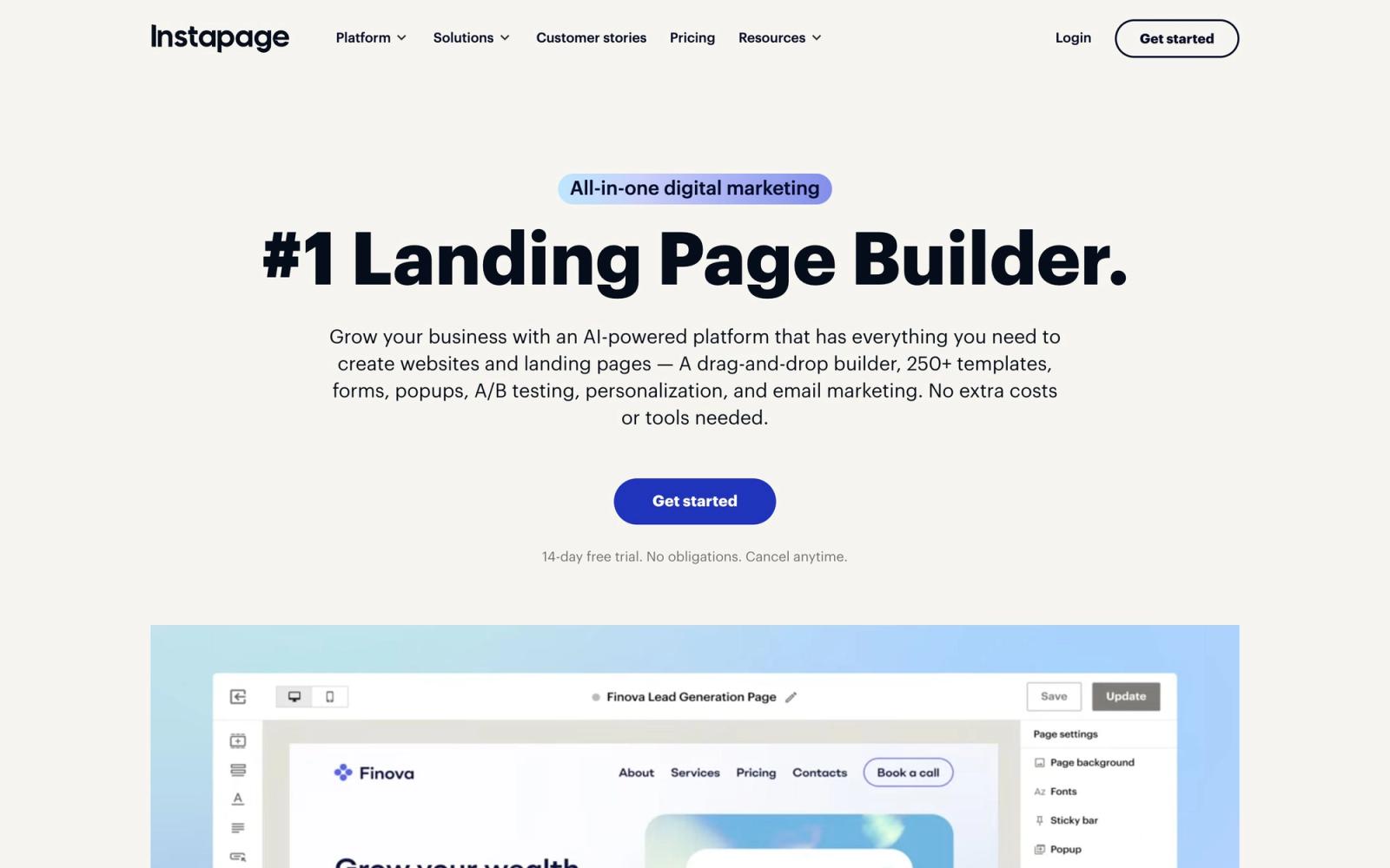Instapage website, homepage