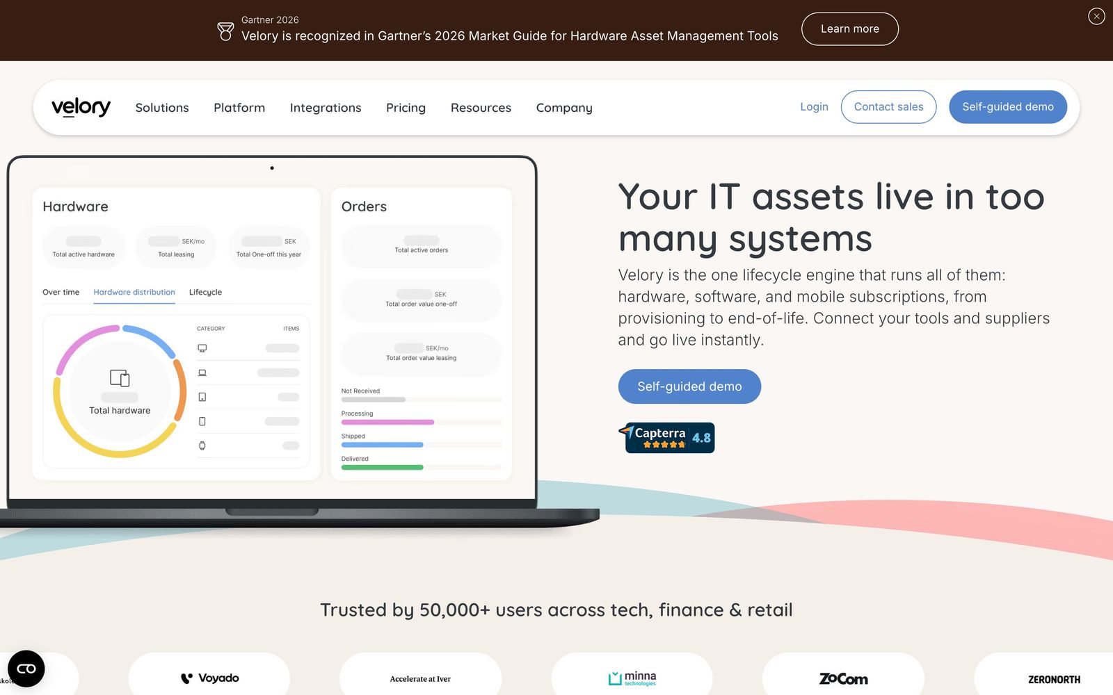Velory website, homepage