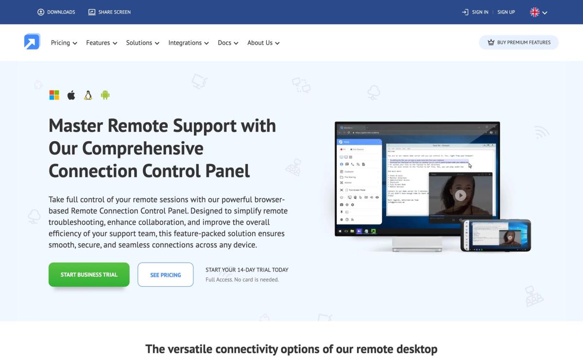 Getscreen.me, features page screenshot