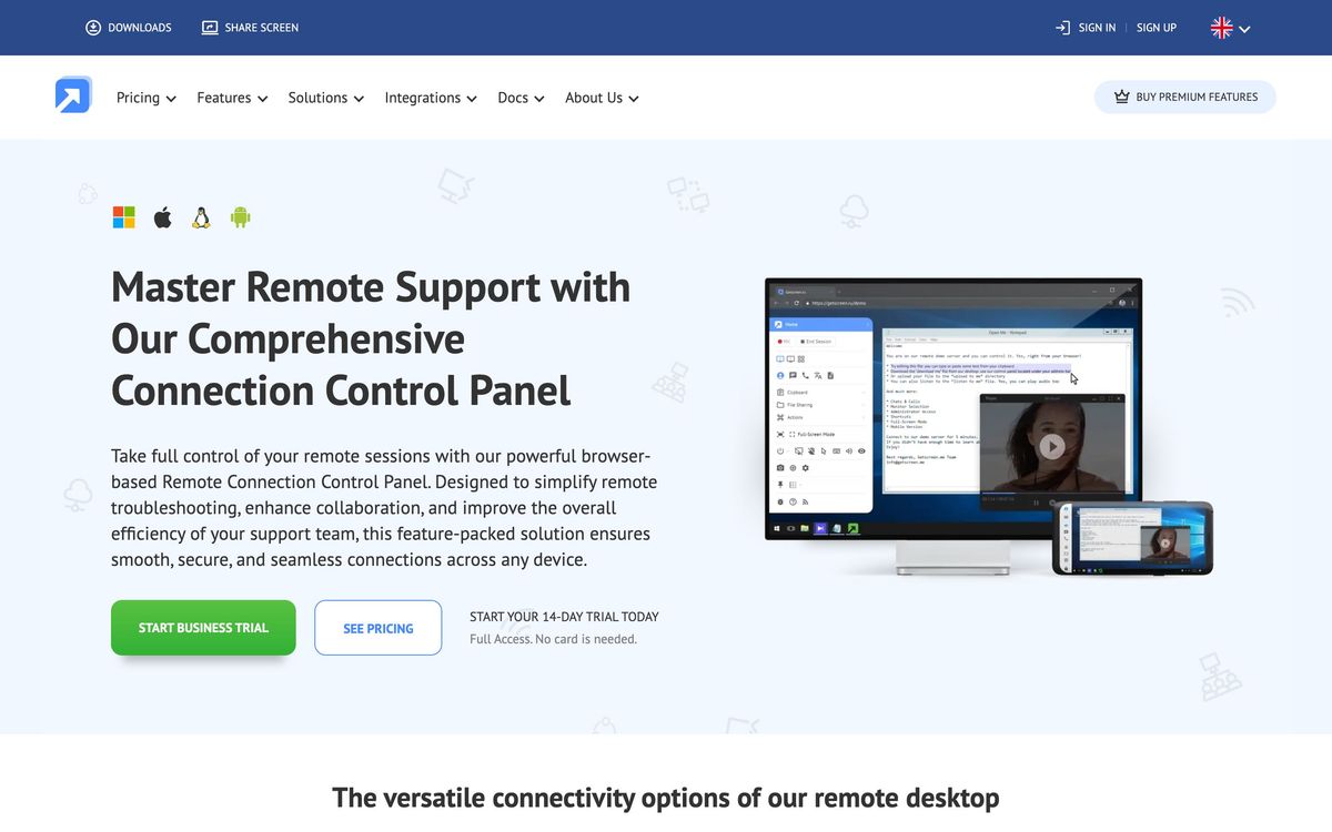 Getscreen.me, features page screenshot