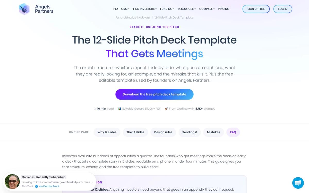 Angels Partners, templates page screenshot