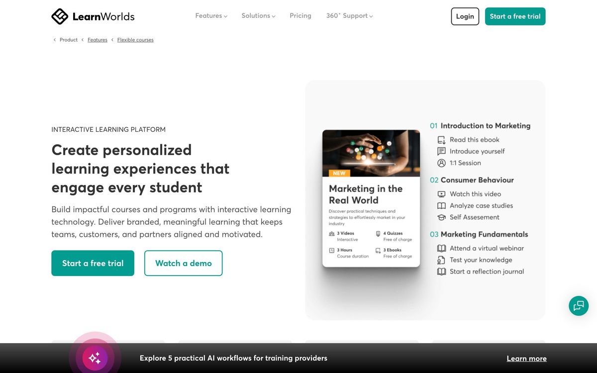 LearnWorlds, features page screenshot