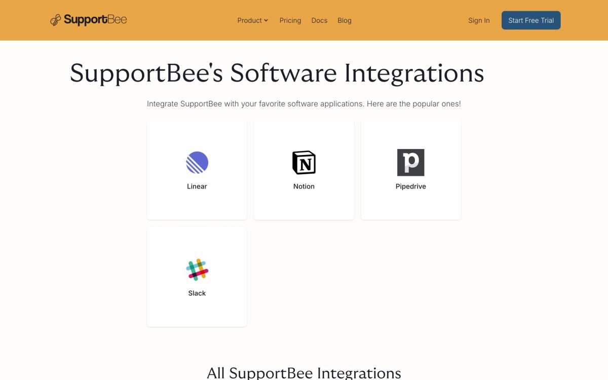 SupportBee, integrations page screenshot