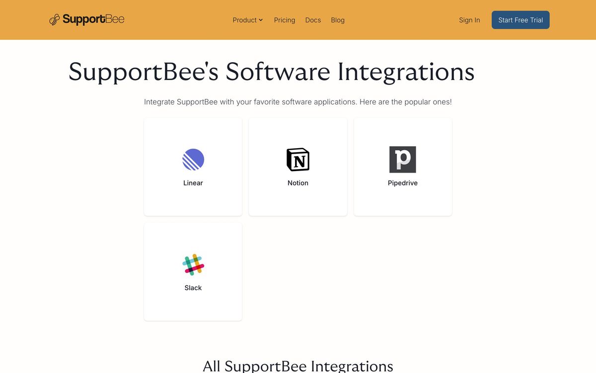 SupportBee, integrations page screenshot