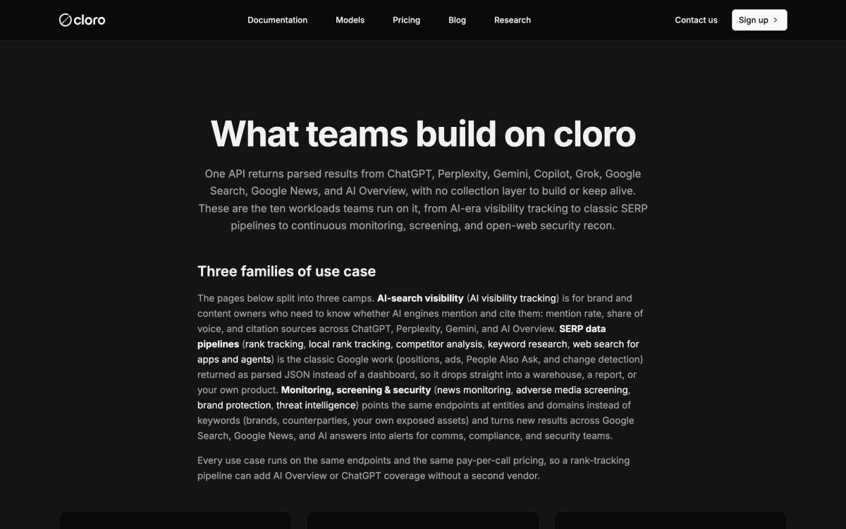 Cloro, use cases page screenshot