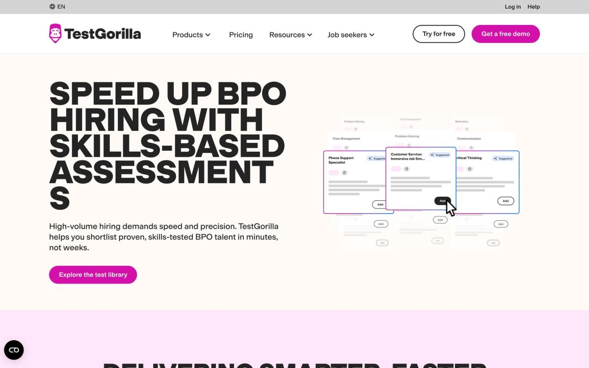 TestGorilla, solutions page screenshot