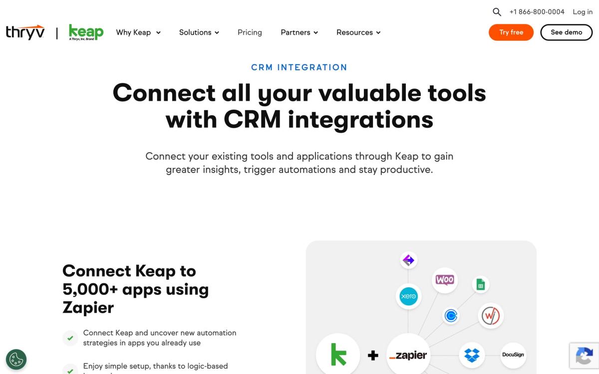 Keap, integrations page screenshot