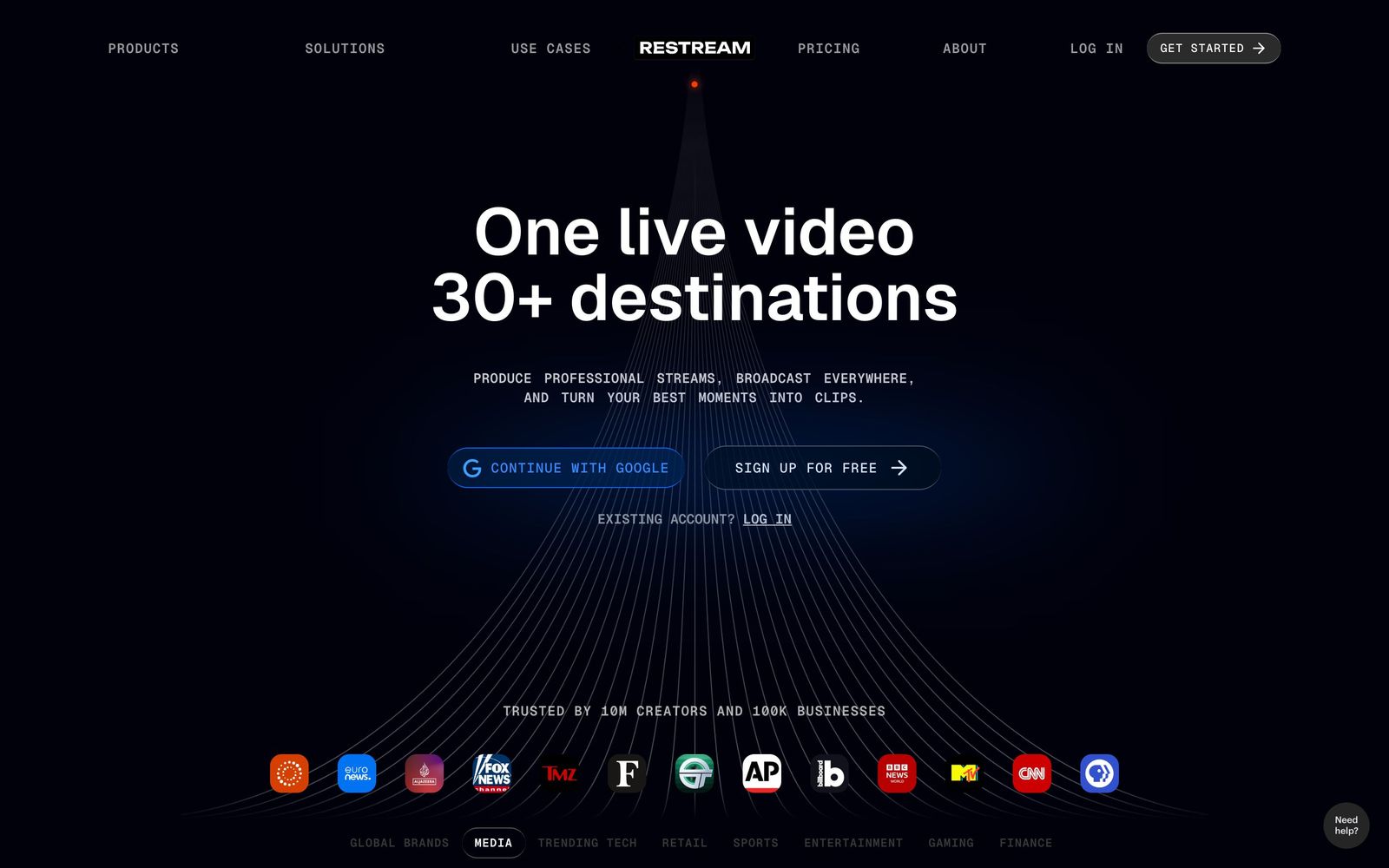 Restream website, homepage