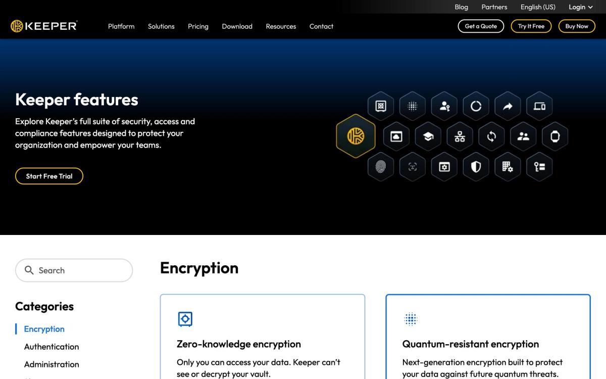 Keeper Security, features page screenshot