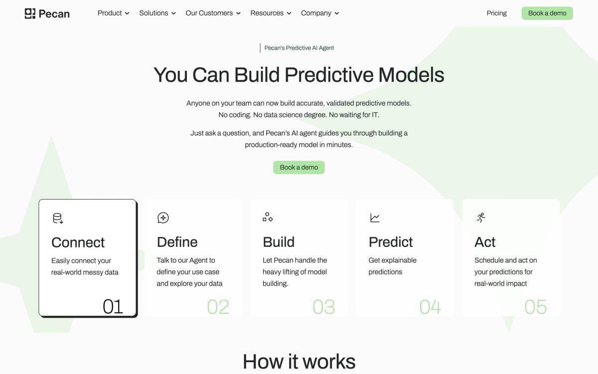 Pecan AI, how it works page screenshot
