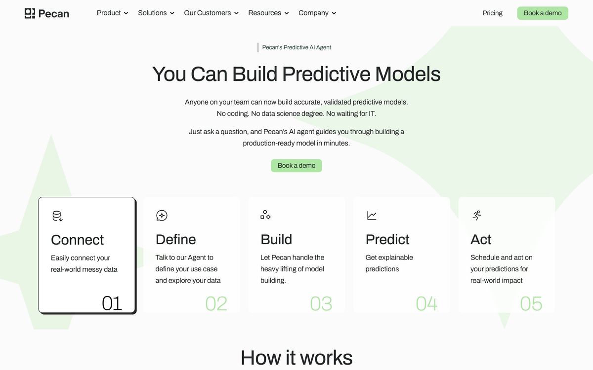 Pecan AI, how it works page screenshot